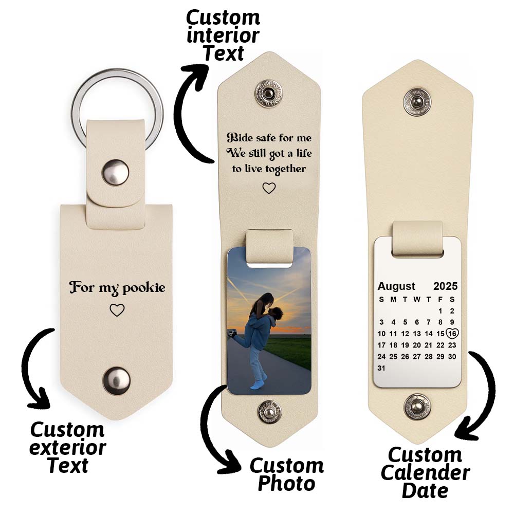 Father's Day Gifts Personalized Photo and Calendar Leather Keychain with Custom Text Valentine's Day Gifts for Him