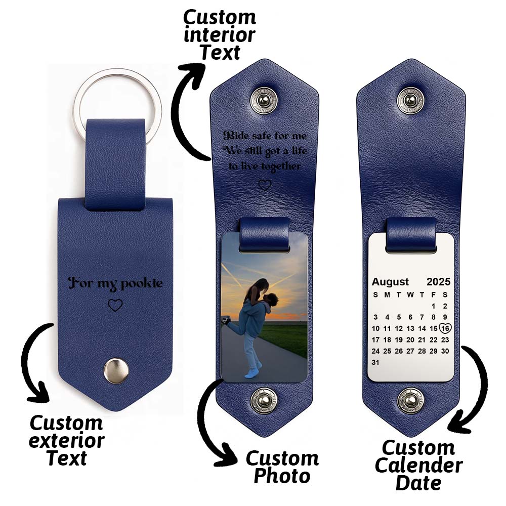 Father's Day Gifts Personalized Photo and Calendar Leather Keychain with Custom Text Valentine's Day Gifts for Him