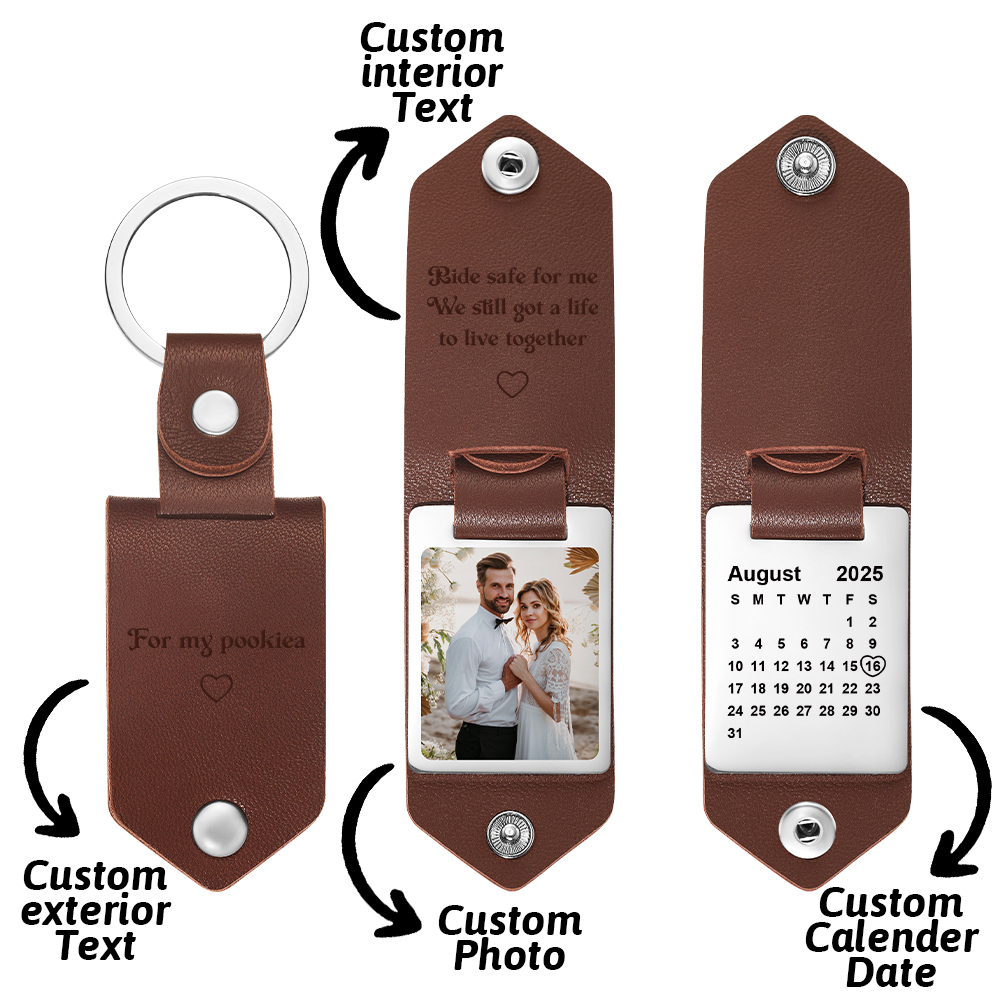 Father's Day Gifts Personalized Photo and Calendar Leather Keychain with Custom Text Valentine's Day Gifts for Him