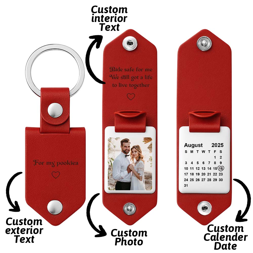 Father's Day Gifts Personalized Photo and Calendar Leather Keychain with Custom Text Valentine's Day Gifts for Him