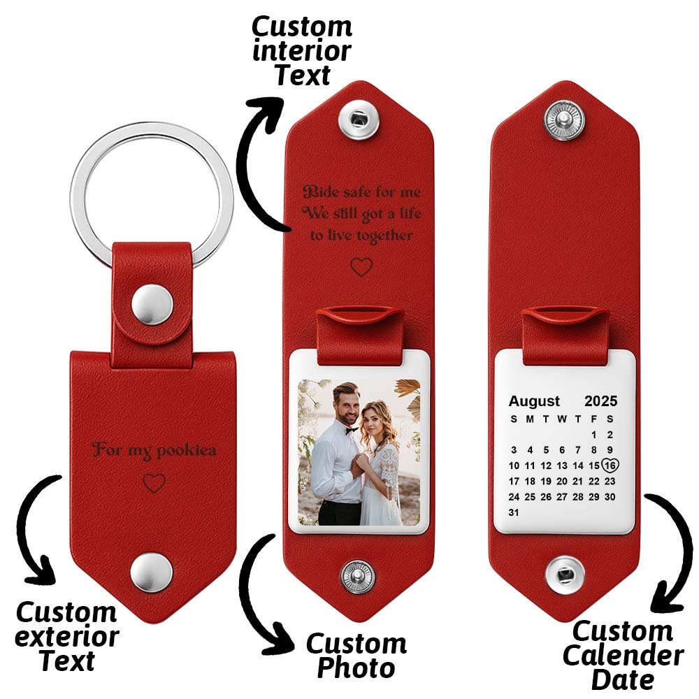 Father's Day Gifts Personalized Photo and Calendar Leather Keychain with Custom Text Valentine's Day Gifts for Him