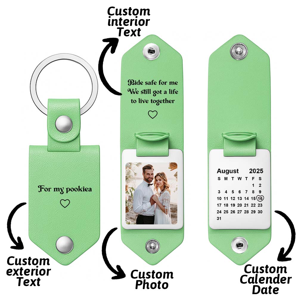 Father's Day Gifts Personalized Photo and Calendar Leather Keychain with Custom Text Valentine's Day Gifts for Him