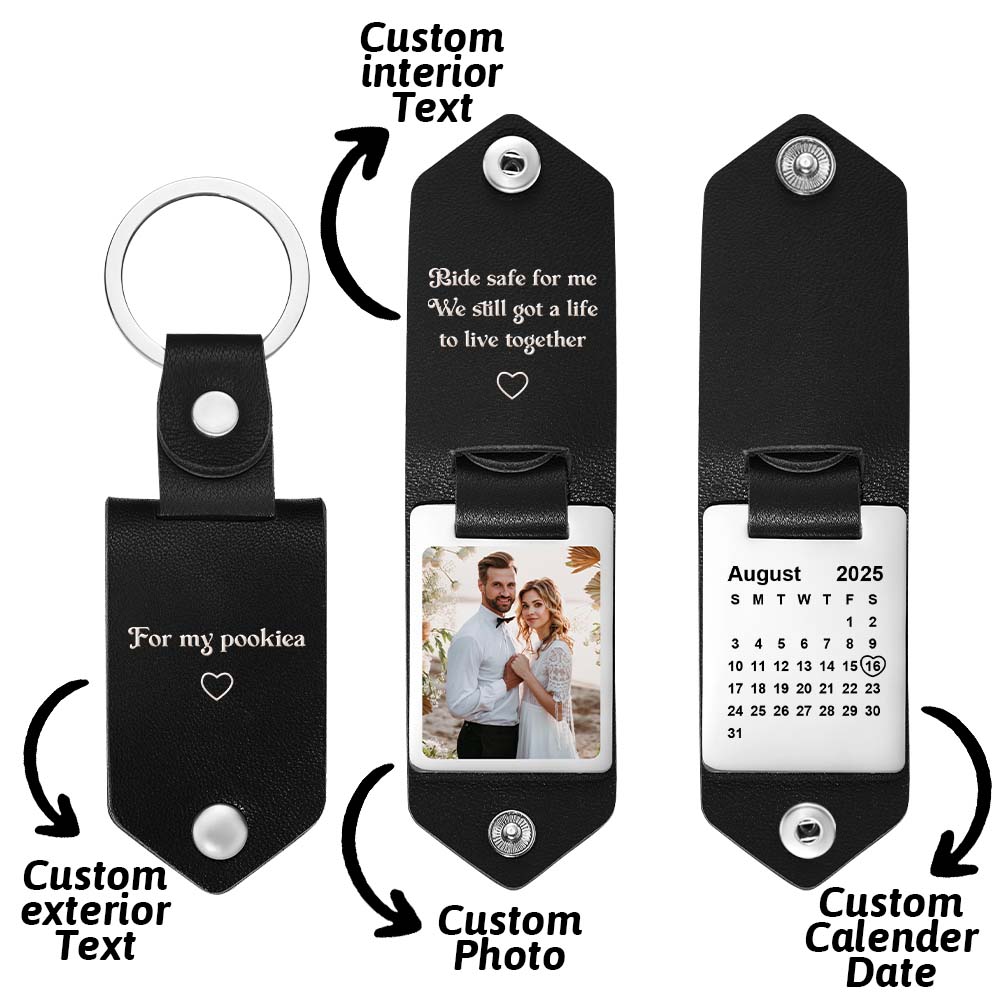 Father's Day Gifts Personalized Photo and Calendar Leather Keychain with Custom Text Valentine's Day Gifts for Him