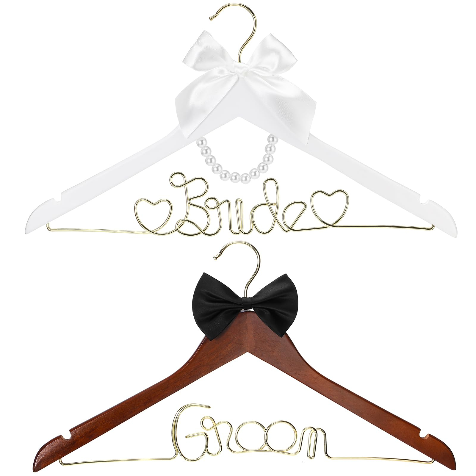 2 Pcs Bride Hanger for Wedding Dress Bride and Groom Wooden Wedding Dress Hanger Set with Bow Tie for Tuxedo Suit Gift Bridal Party Shower