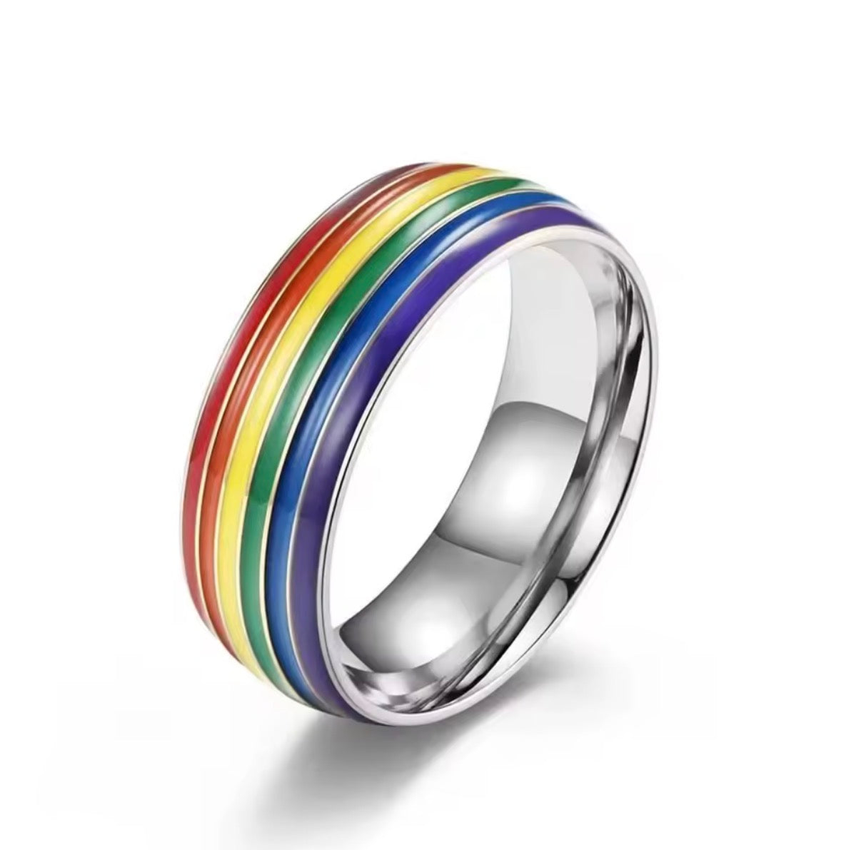 ColorPulse Stainless Steel Rainbow Enamel Band Ring, Classic Three Color Stripes Polished Comfort Fit Wedding Band Statement Jewelry Gift for Men Women