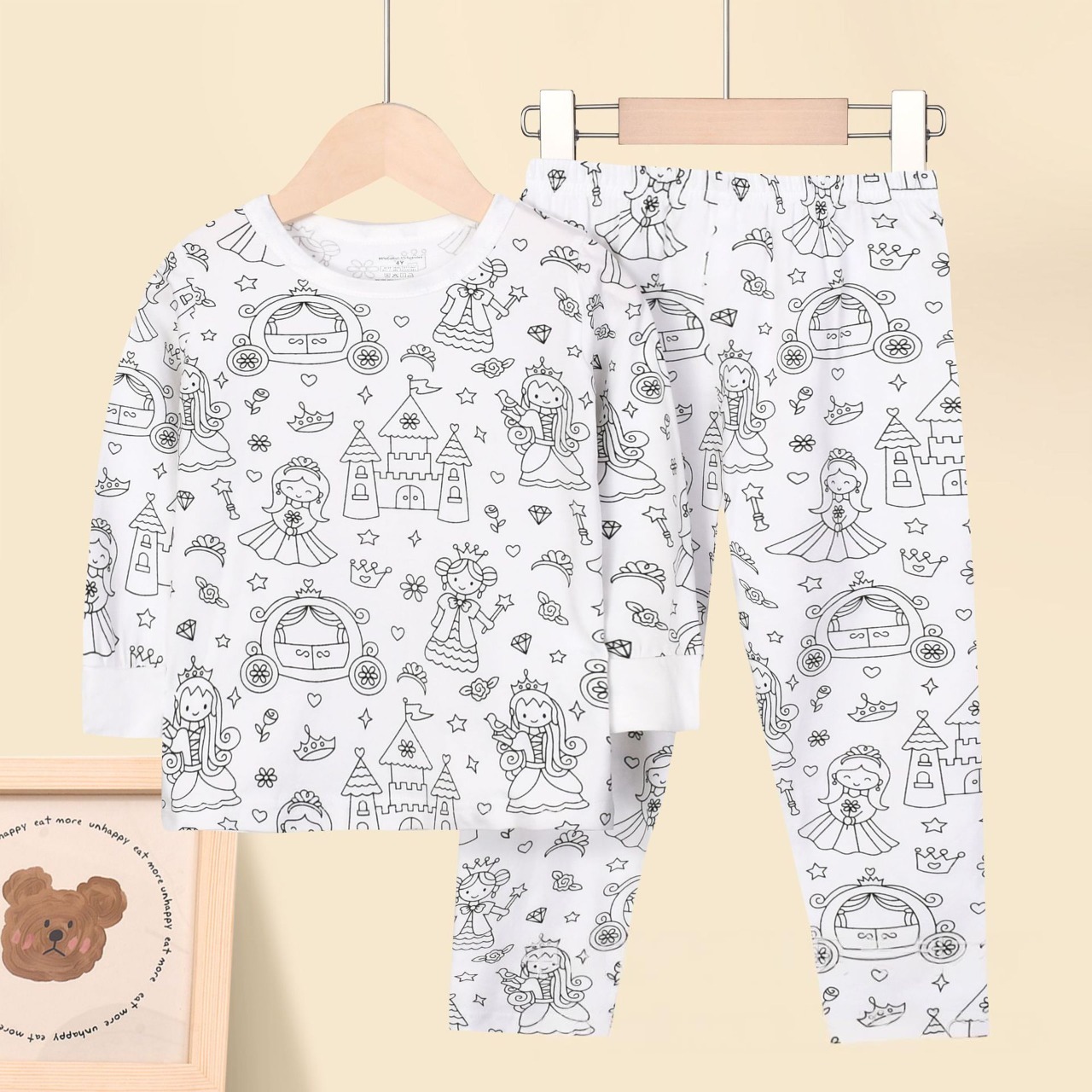 Kids Pajamas Set Coloring DIY Sleepwear Nightwear Boys Girls Cotton Shirt Pants