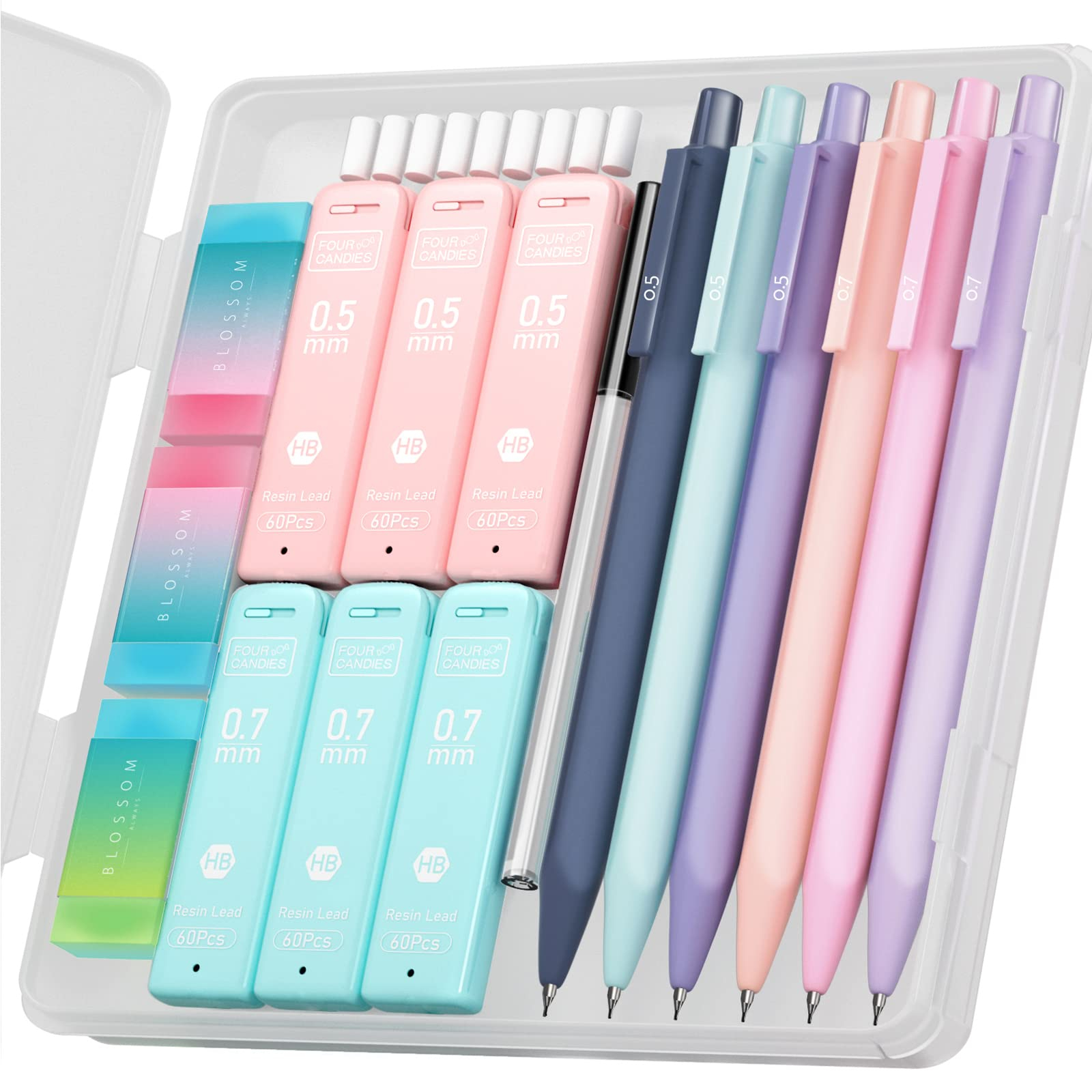 Four Candies Cute Mechanical Pencil Set, 6PCS Pastel Mechanical Pencils with 360PCS Leads, 3PCS Erasers and 9PCS Eraser Refills, Aesthetic Pencils for Girls Writing, Art Drawing