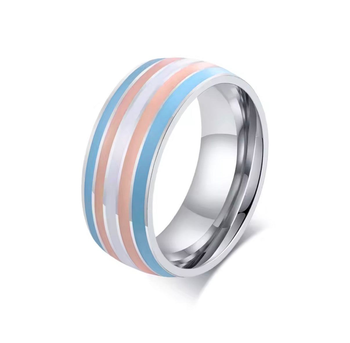 ColorPulse Stainless Steel Rainbow Enamel Band Ring, Classic Three Color Stripes Polished Comfort Fit Wedding Band Statement Jewelry Gift for Men Women