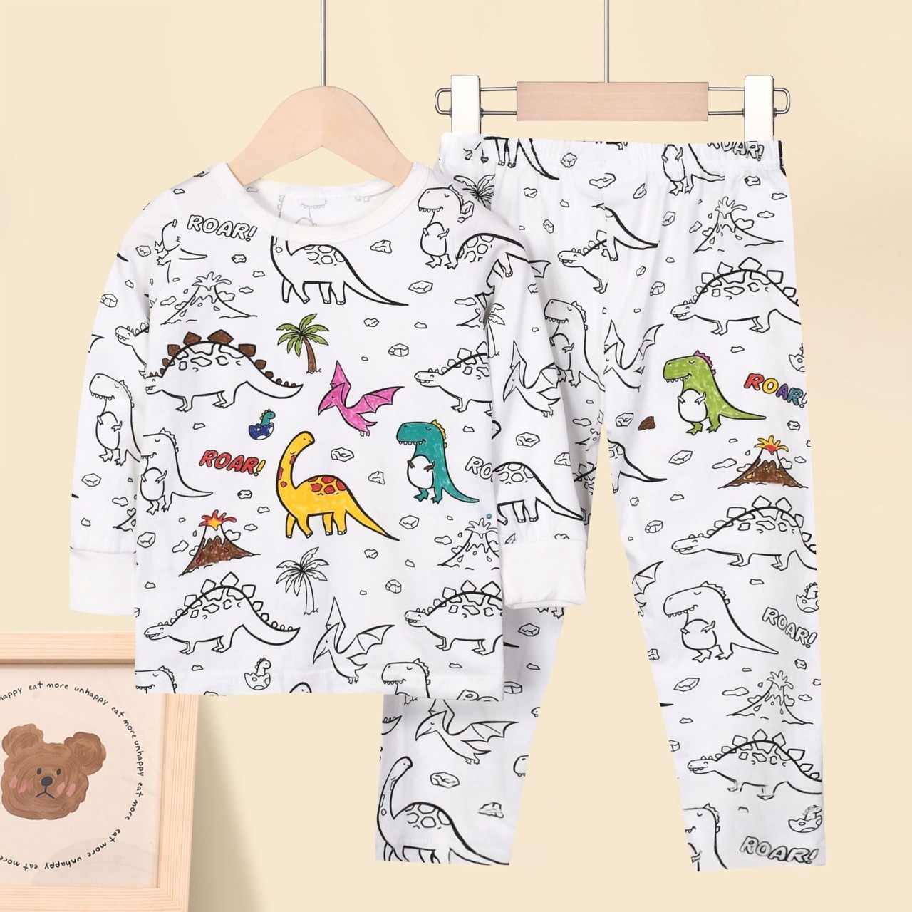 Kids Pajamas Set Coloring DIY Sleepwear Nightwear Boys Girls Cotton Shirt Pants