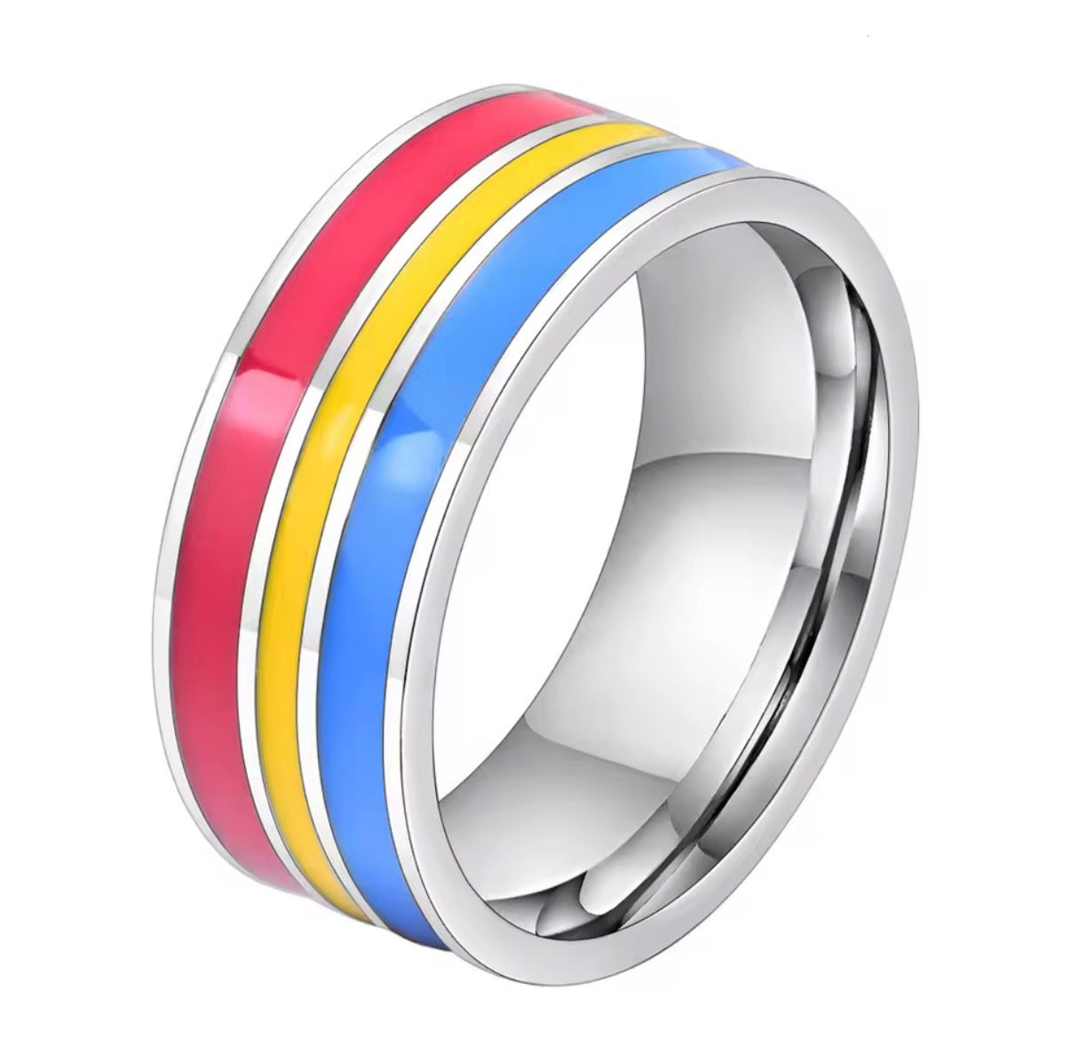 ColorPulse Stainless Steel Rainbow Enamel Band Ring, Classic Three Color Stripes Polished Comfort Fit Wedding Band Statement Jewelry Gift for Men Women