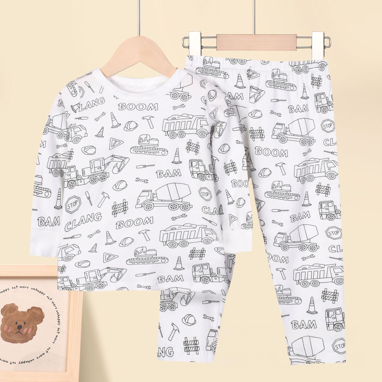 Kids Pajamas Set Coloring DIY Sleepwear Nightwear Boys Girls Cotton Shirt Pants