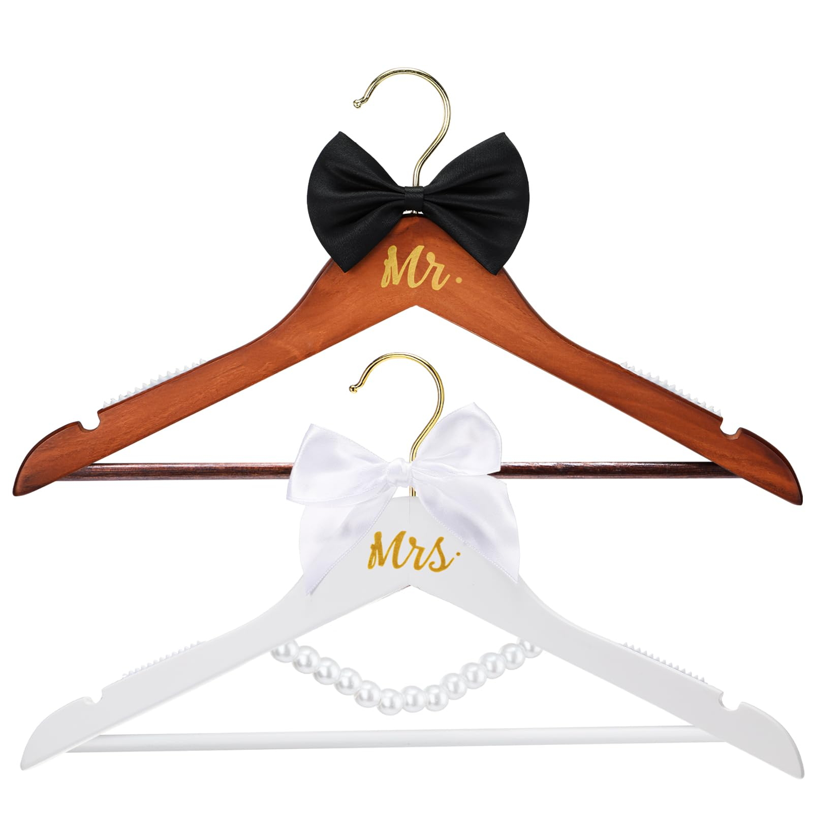 2 Pcs Bride Hanger for Wedding Dress Bride and Groom Wooden Wedding Dress Hanger Set with Bow Tie for Tuxedo Suit Gift Bridal Party Shower