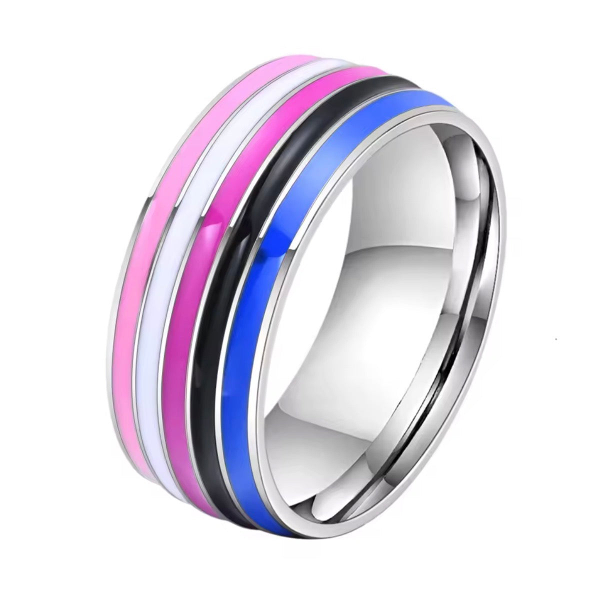 ColorPulse Stainless Steel Rainbow Enamel Band Ring, Classic Three Color Stripes Polished Comfort Fit Wedding Band Statement Jewelry Gift for Men Women