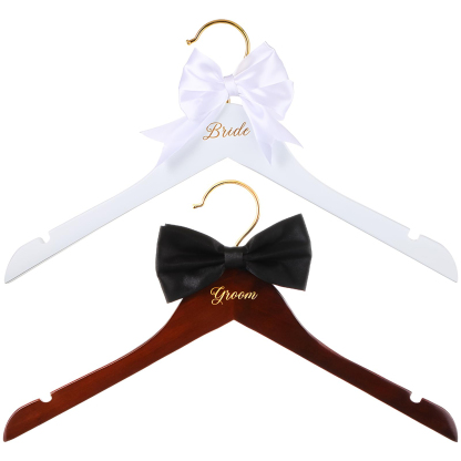 2 Pcs Bride Hanger for Wedding Dress Bride and Groom Wooden Wedding Dress Hanger Set with Bow Tie for Tuxedo Suit Gift Bridal Party Shower