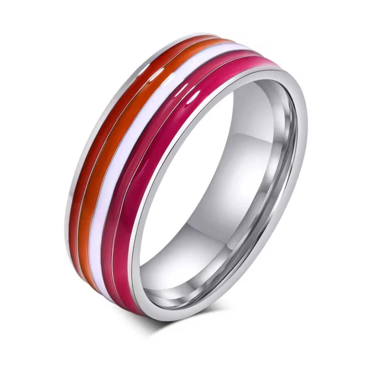 ColorPulse Stainless Steel Rainbow Enamel Band Ring, Classic Three Color Stripes Polished Comfort Fit Wedding Band Statement Jewelry Gift for Men Women