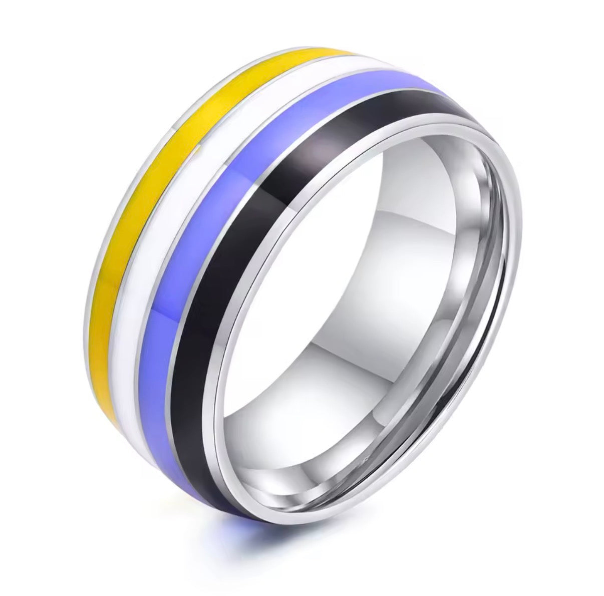 ColorPulse Stainless Steel Rainbow Enamel Band Ring, Classic Three Color Stripes Polished Comfort Fit Wedding Band Statement Jewelry Gift for Men Women