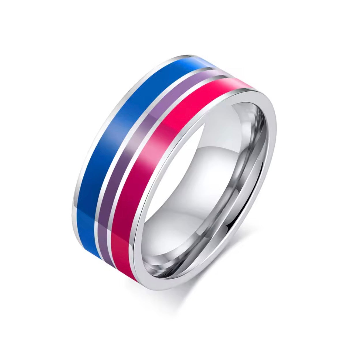 ColorPulse Stainless Steel Rainbow Enamel Band Ring, Classic Three Color Stripes Polished Comfort Fit Wedding Band Statement Jewelry Gift for Men Women