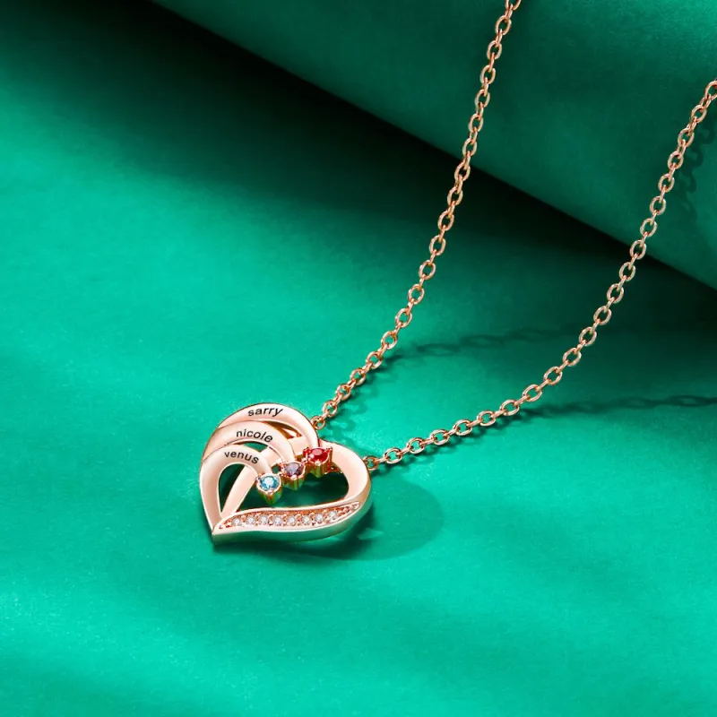 Engraved Birthstone Heart Shaped Necklace Personalized Name Necklace for Mom