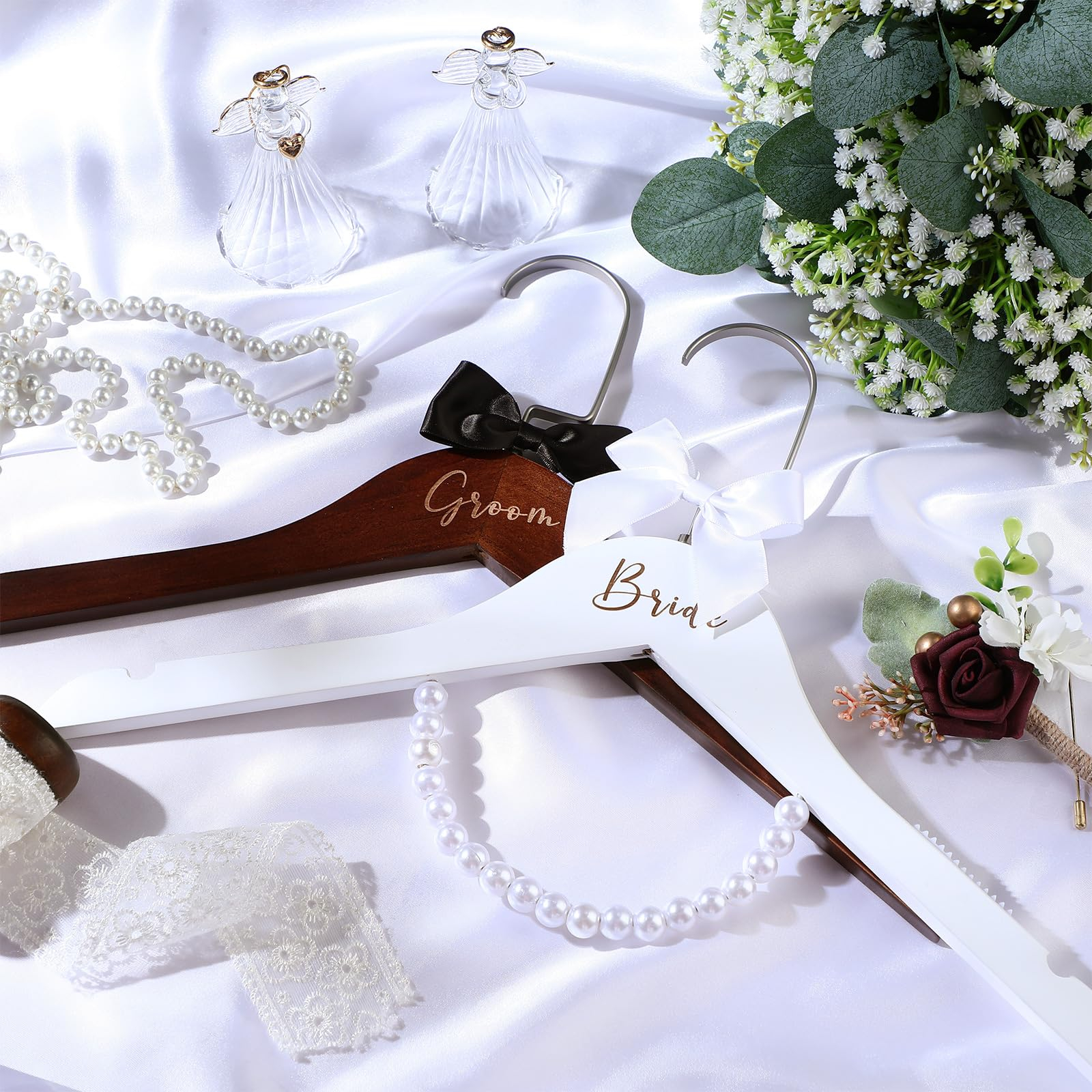 2 Pcs Bride Hanger for Wedding Dress Bride and Groom Wooden Wedding Dress Hanger Set with Bow Tie for Tuxedo Suit Gift Bridal Party Shower