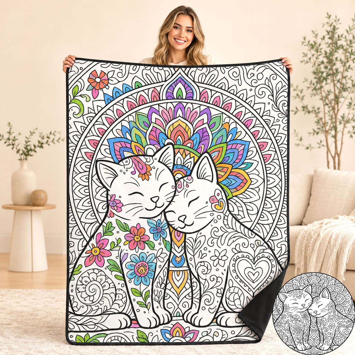 Mandala Cat Coloring Blanket