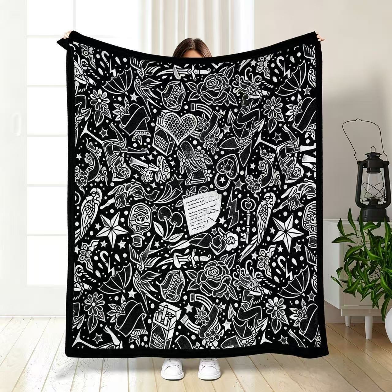 Old School Tattoo Doodle Coloring Blanket