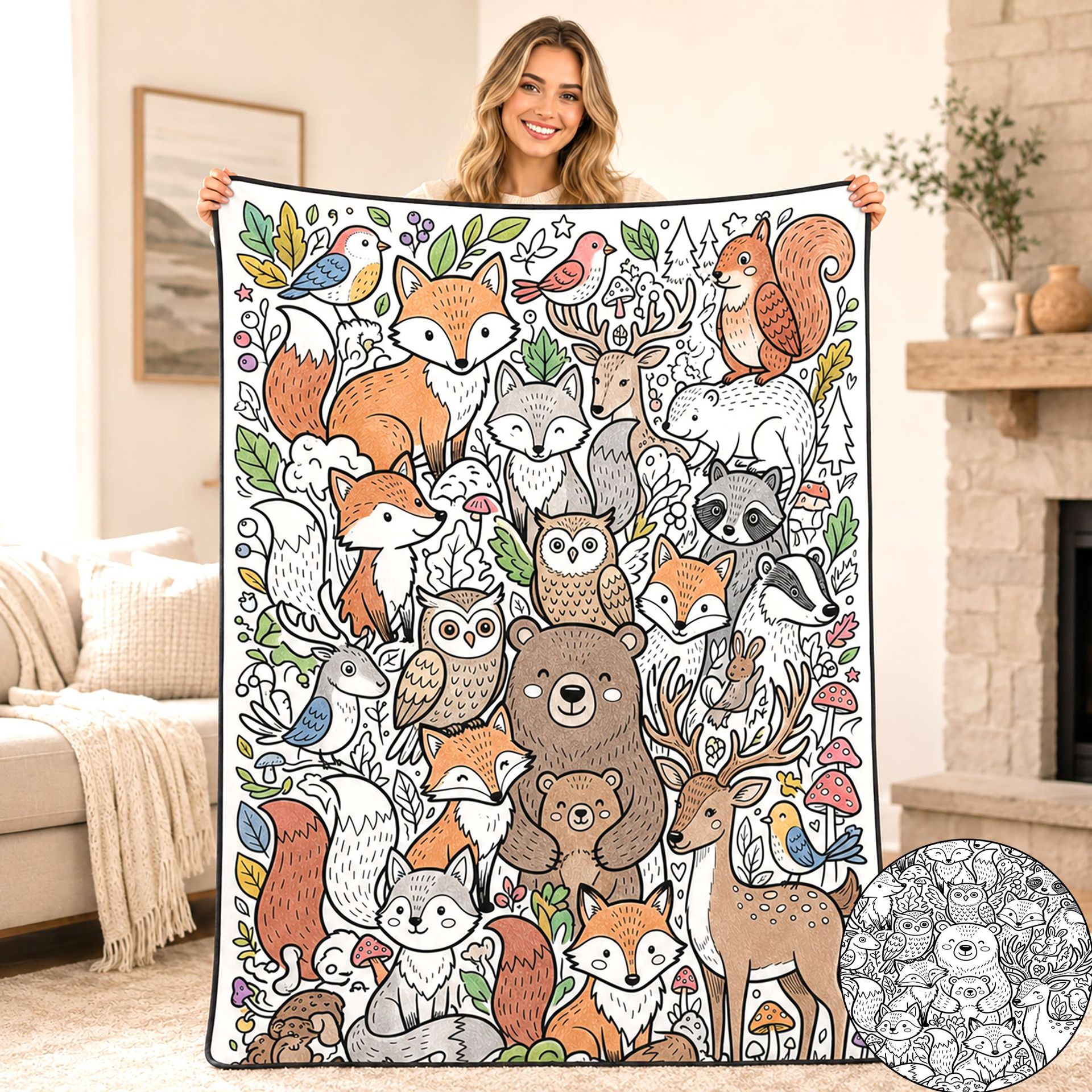 Floral Cat Mandala Coloring Blanket
