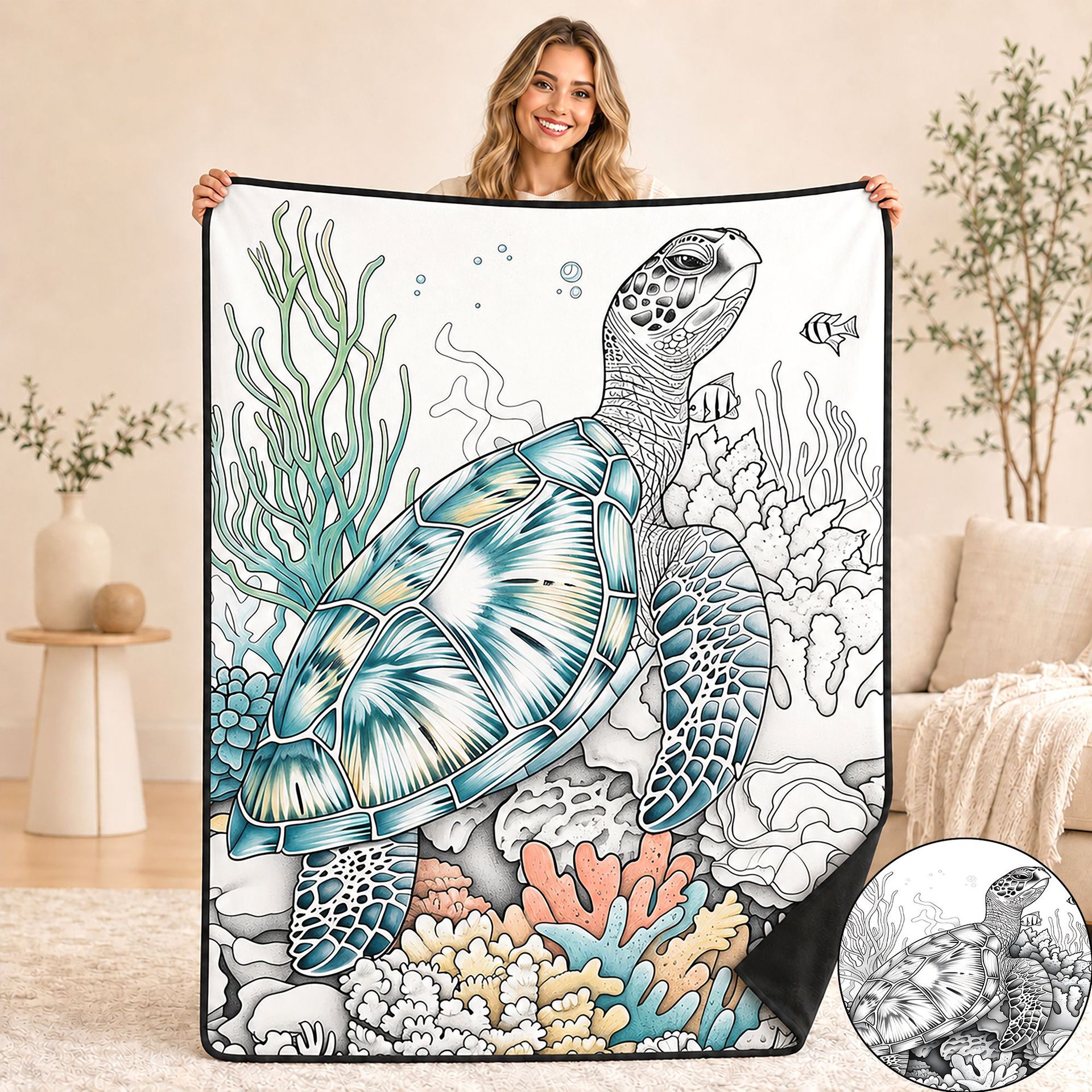 Sea Turtle Ocean Coloring Blanket