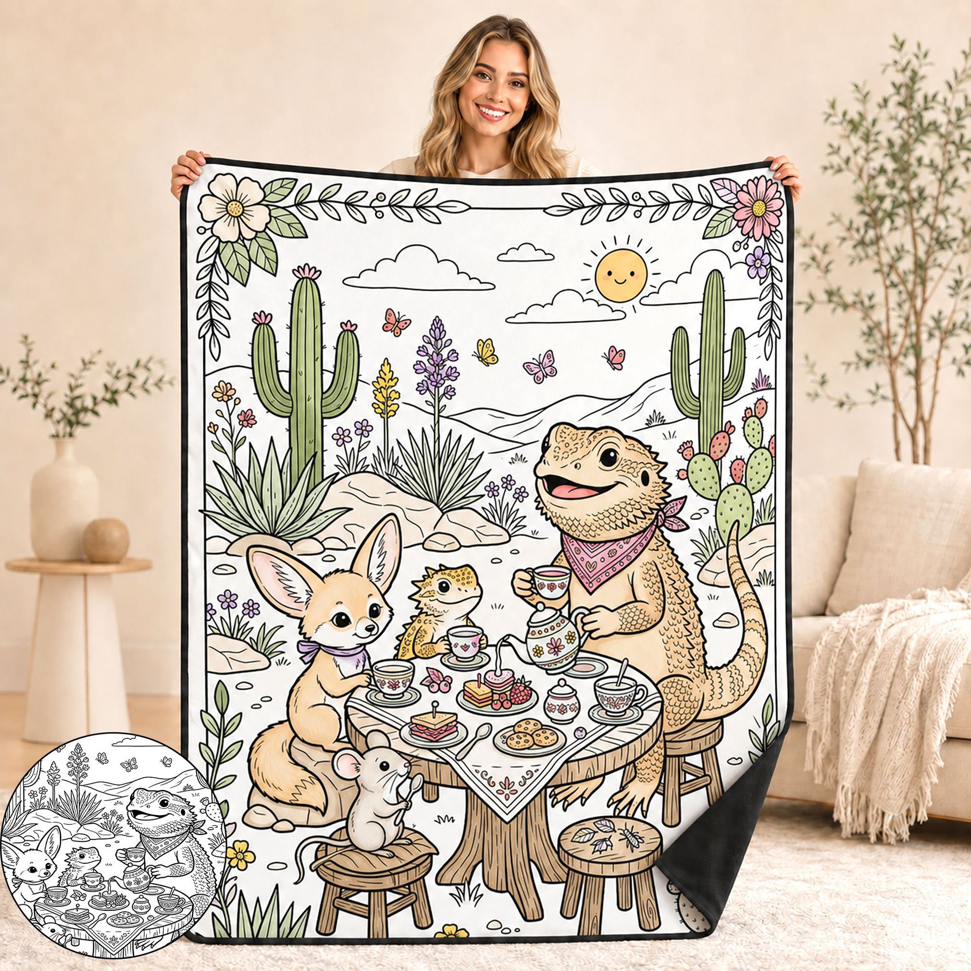 Desert Animal Tea Party Coloring Blanket