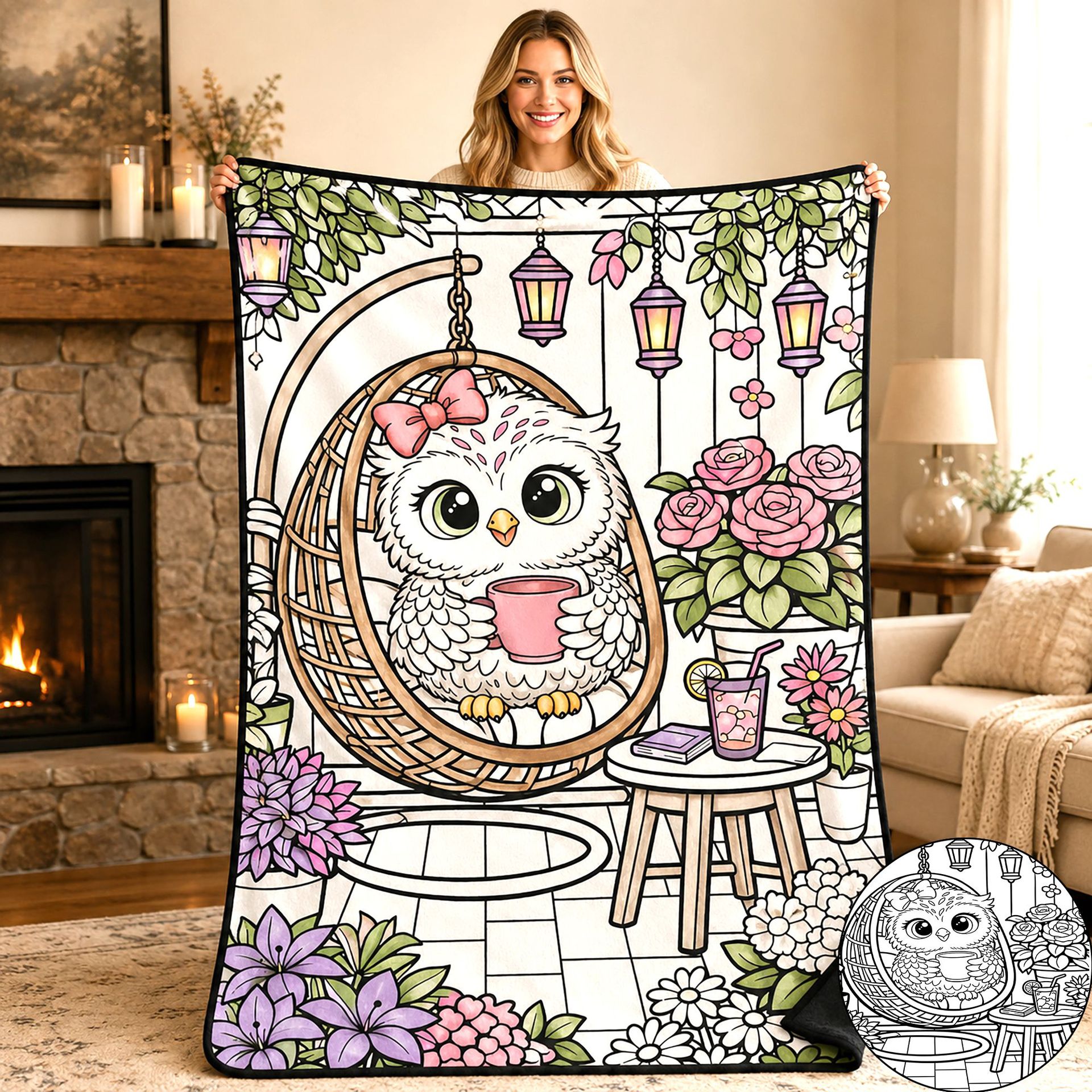 Cozy Owl Garden Coloring Blanket