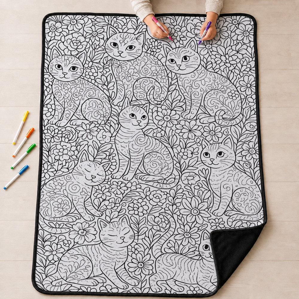 Floral Cat Mandala Coloring Blanket