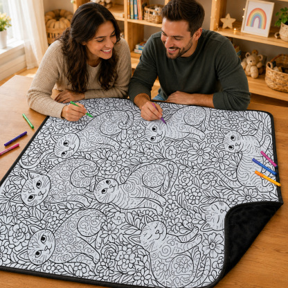 Floral Cat Mandala Coloring Blanket