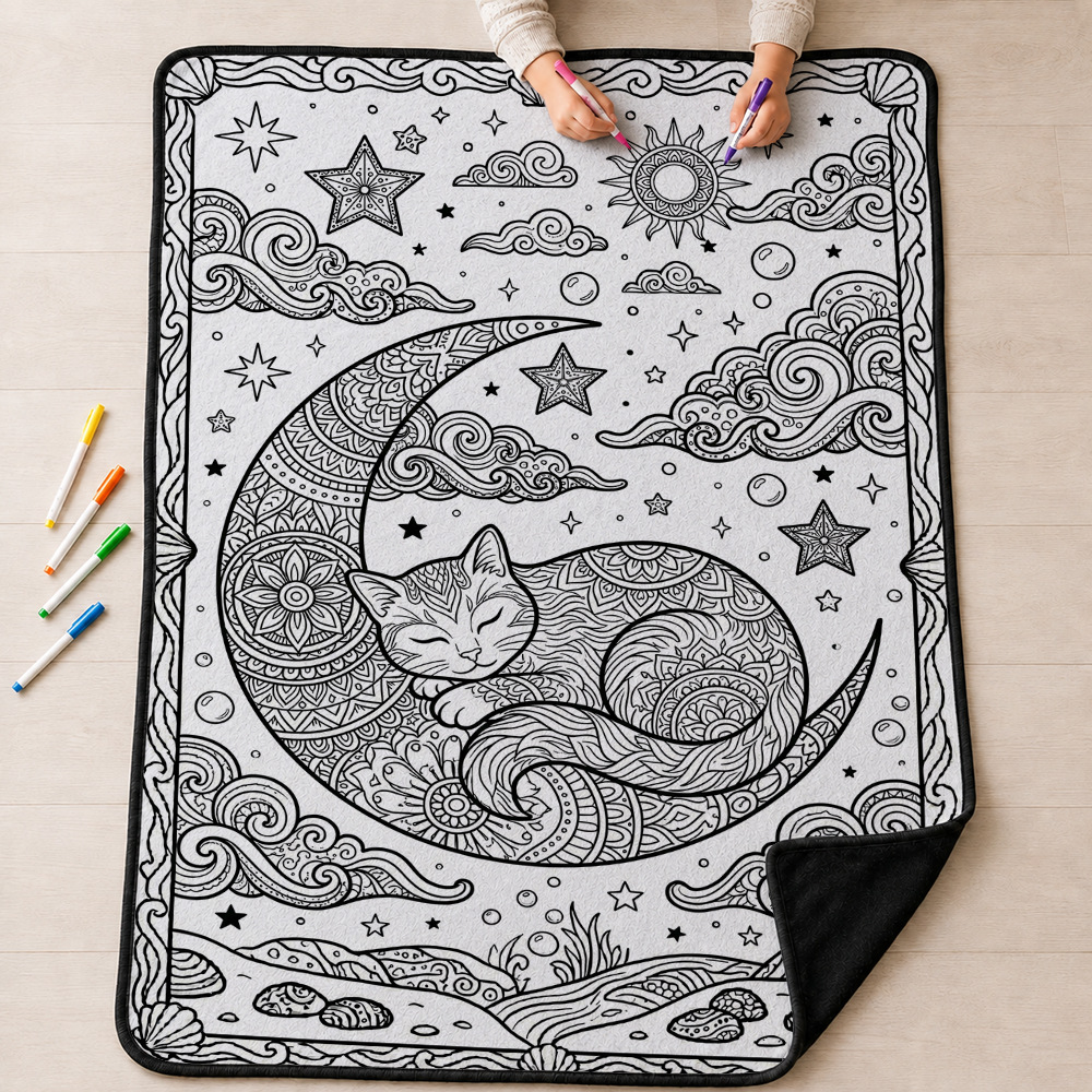 Moon Cat Mandala Coloring Blanket