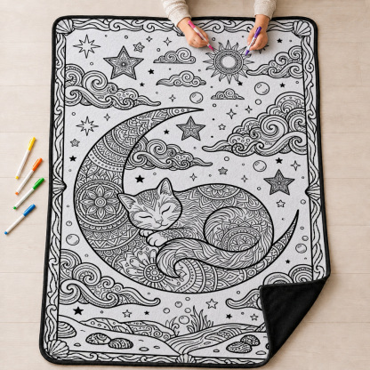 Moon Cat Mandala Coloring Blanket