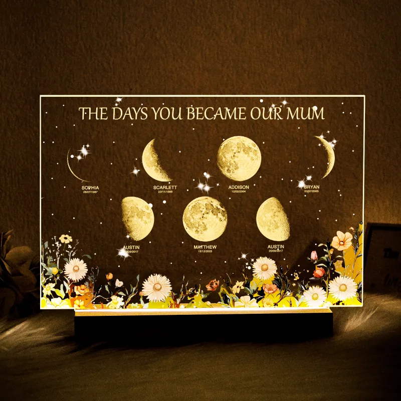 Personalized The Days You Became Our Mom Moon Phase Lightbox Mother's Day Gifts Wood Base