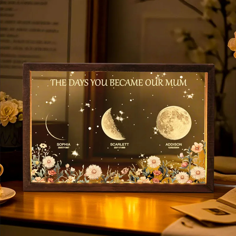 Personalized The Days You Became Our Mom Moon Phase Lightbox Mother's Day Gifts Wood Base