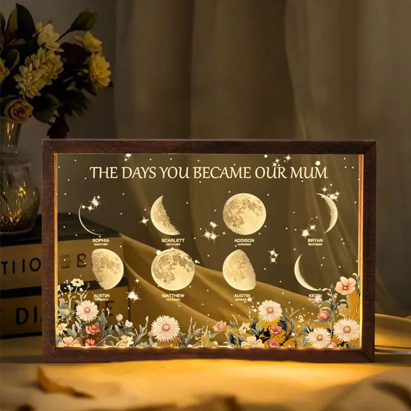 Personalized The Days You Became Our Mom Moon Phase Lightbox Mother's Day Gifts Wood Base