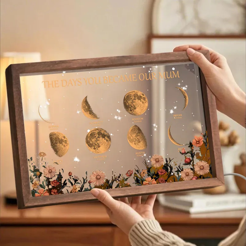 Personalized The Days You Became Our Mom Moon Phase Lightbox Mother's Day Gifts Wood Base
