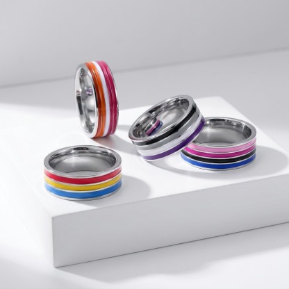 ColorPulse Stainless Steel Rainbow Enamel Band Ring, Classic Three Color Stripes Polished Comfort Fit Wedding Band Statement Jewelry Gift for Men Women