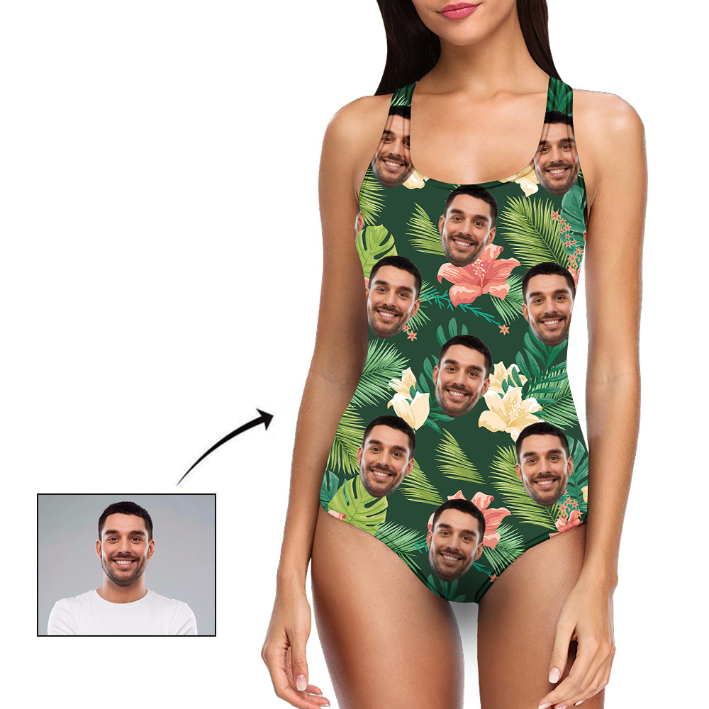 Custom Face Swimwear One Piece Swimsuit Tropical Style