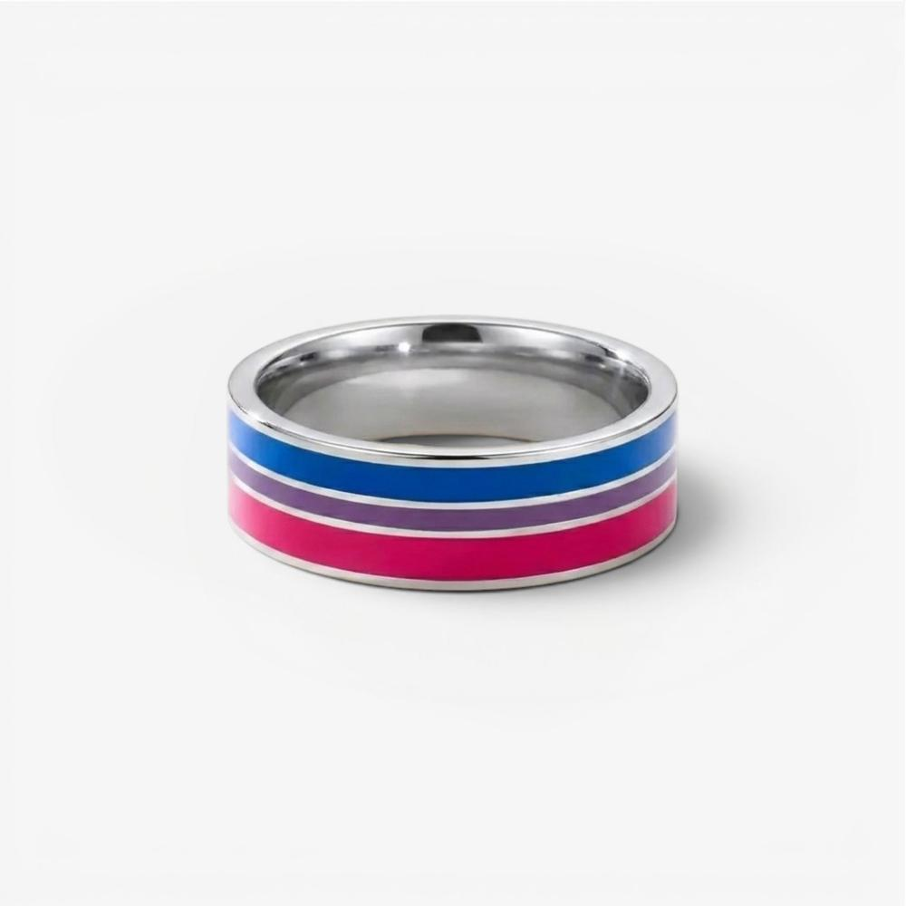 ColorPulse Stainless Steel Rainbow Enamel Band Ring, Classic Three Color Stripes Polished Comfort Fit Wedding Band Statement Jewelry Gift for Men Women