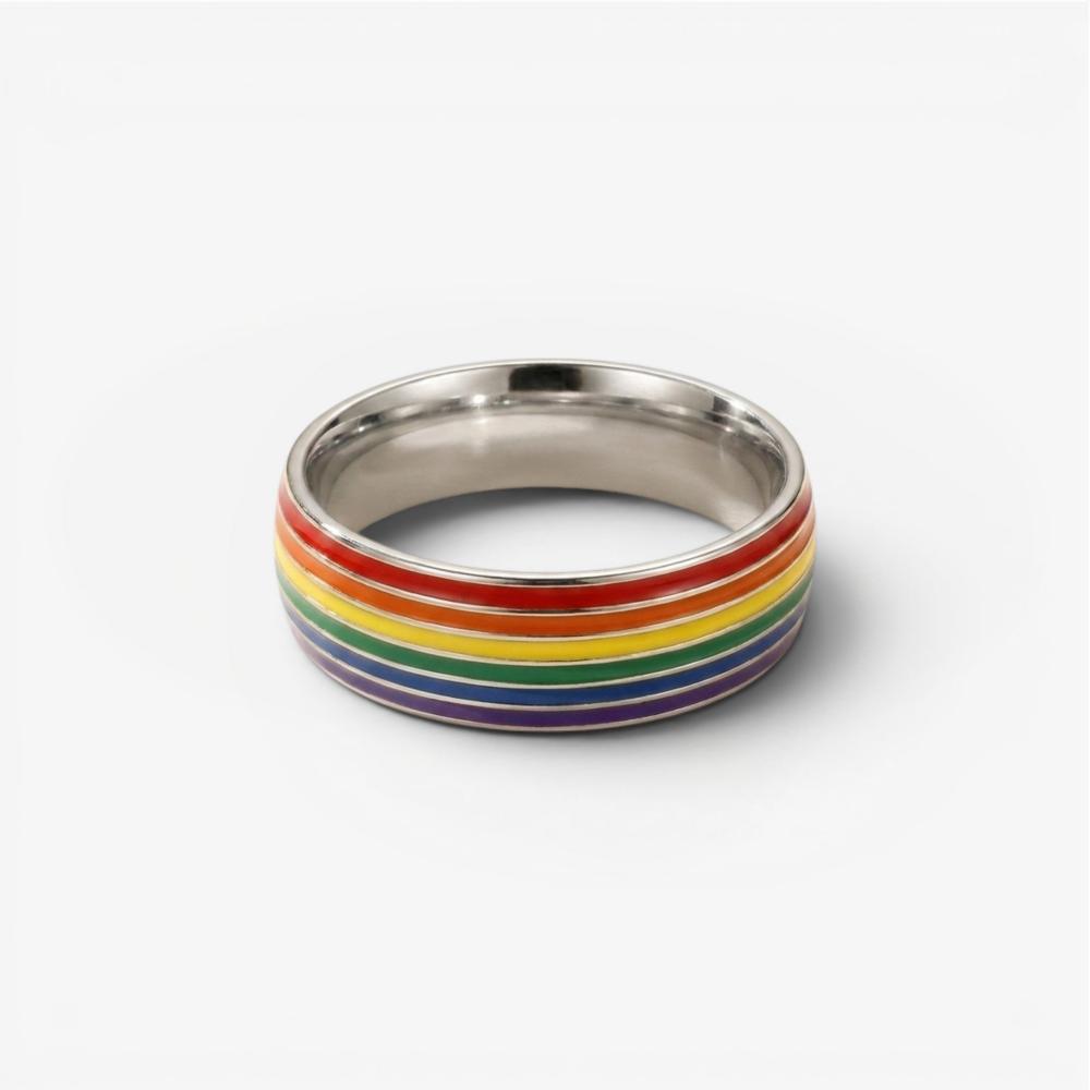 ColorPulse Stainless Steel Rainbow Enamel Band Ring, Classic Three Color Stripes Polished Comfort Fit Wedding Band Statement Jewelry Gift for Men Women