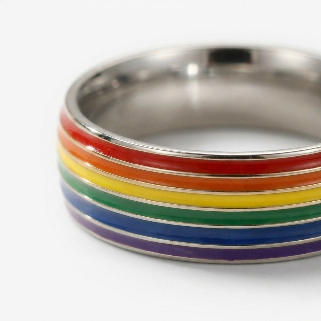 ColorPulse Stainless Steel Rainbow Enamel Band Ring, Classic Three Color Stripes Polished Comfort Fit Wedding Band Statement Jewelry Gift for Men Women