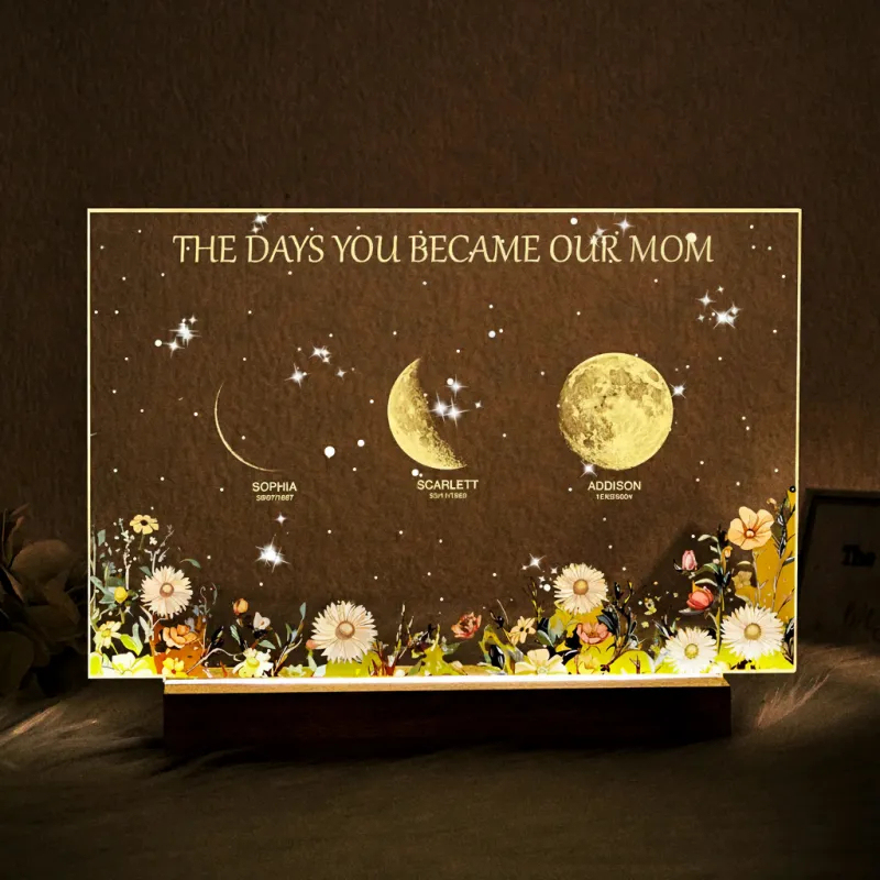 Personalized The Days You Became Our Mom Moon Phase Lightbox Mother's Day Gifts Wood Base