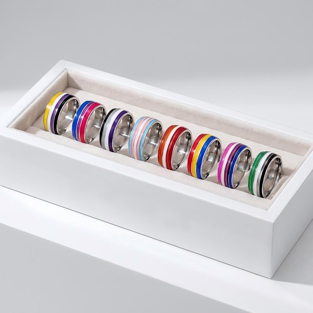 ColorPulse Stainless Steel Rainbow Enamel Band Ring, Classic Three Color Stripes Polished Comfort Fit Wedding Band Statement Jewelry Gift for Men Women