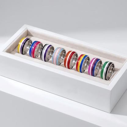 ColorPulse Stainless Steel Rainbow Enamel Band Ring, Classic Three Color Stripes Polished Comfort Fit Wedding Band Statement Jewelry Gift for Men Women