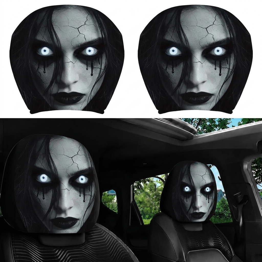 Ghost Face Headrest Covers, Scary Face Printing Auto Seat Universal Elastic Models Headrest Protector