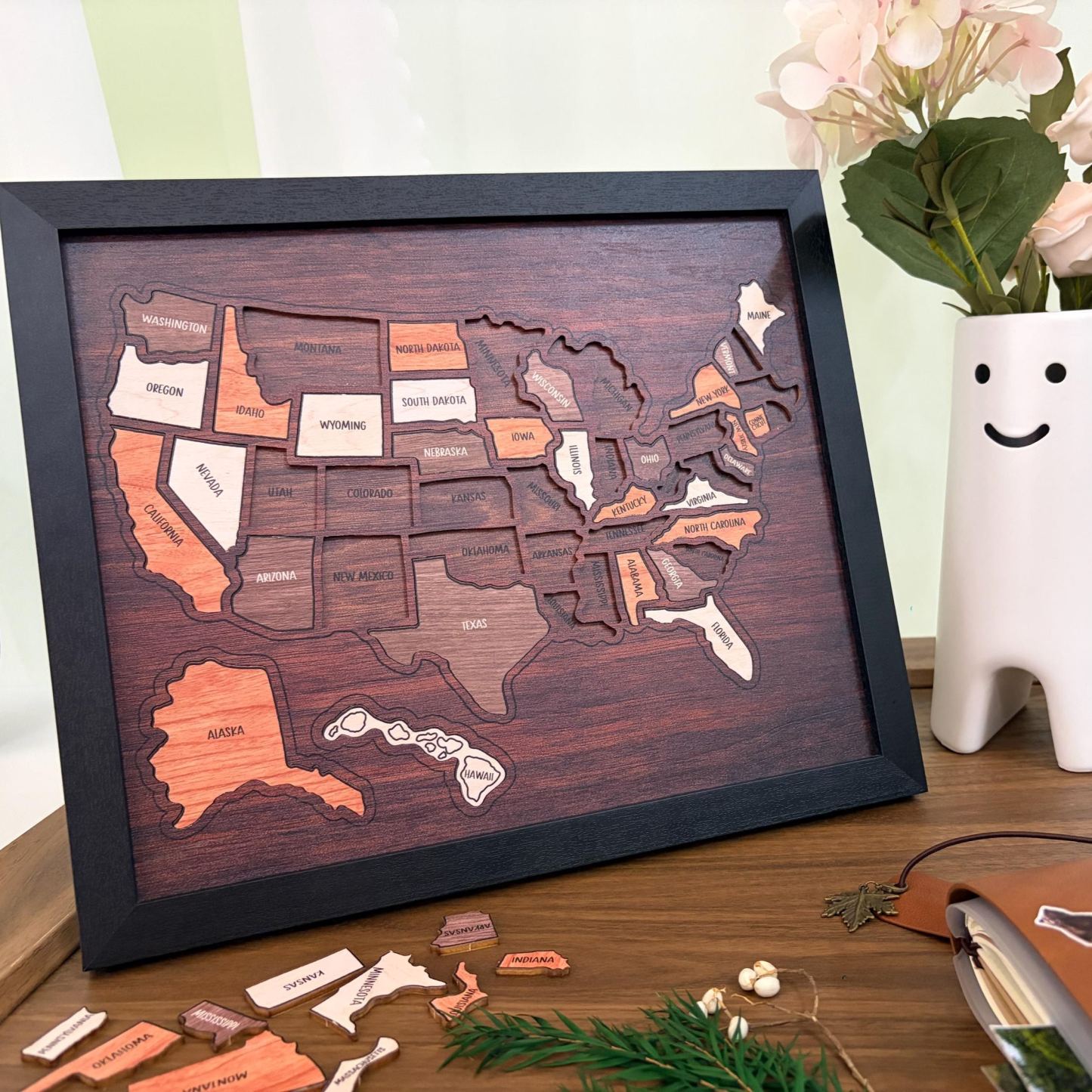 Wooden USA Travel Map Puzzle 50 States United States Puzzle Wall Decor for Home Office Record Your Journey Gift for Adults Families-Pawsmeowz