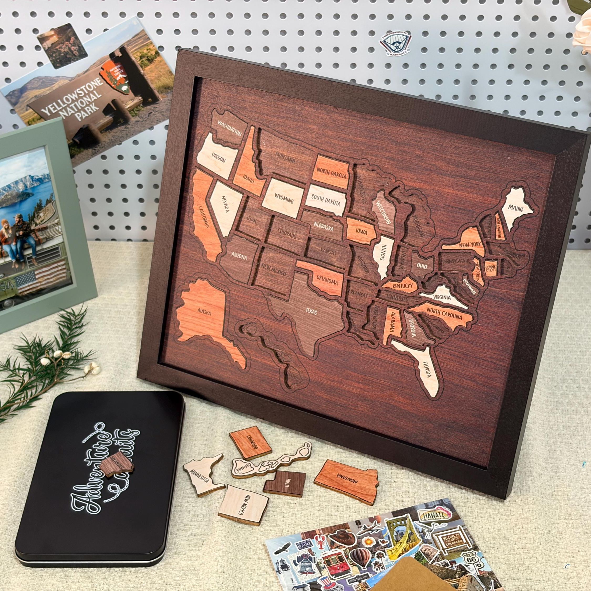 Wooden USA Travel Map Puzzle 50 States United States Puzzle Wall Decor for Home Office Record Your Journey Gift for Adults Families-Pawsmeowz