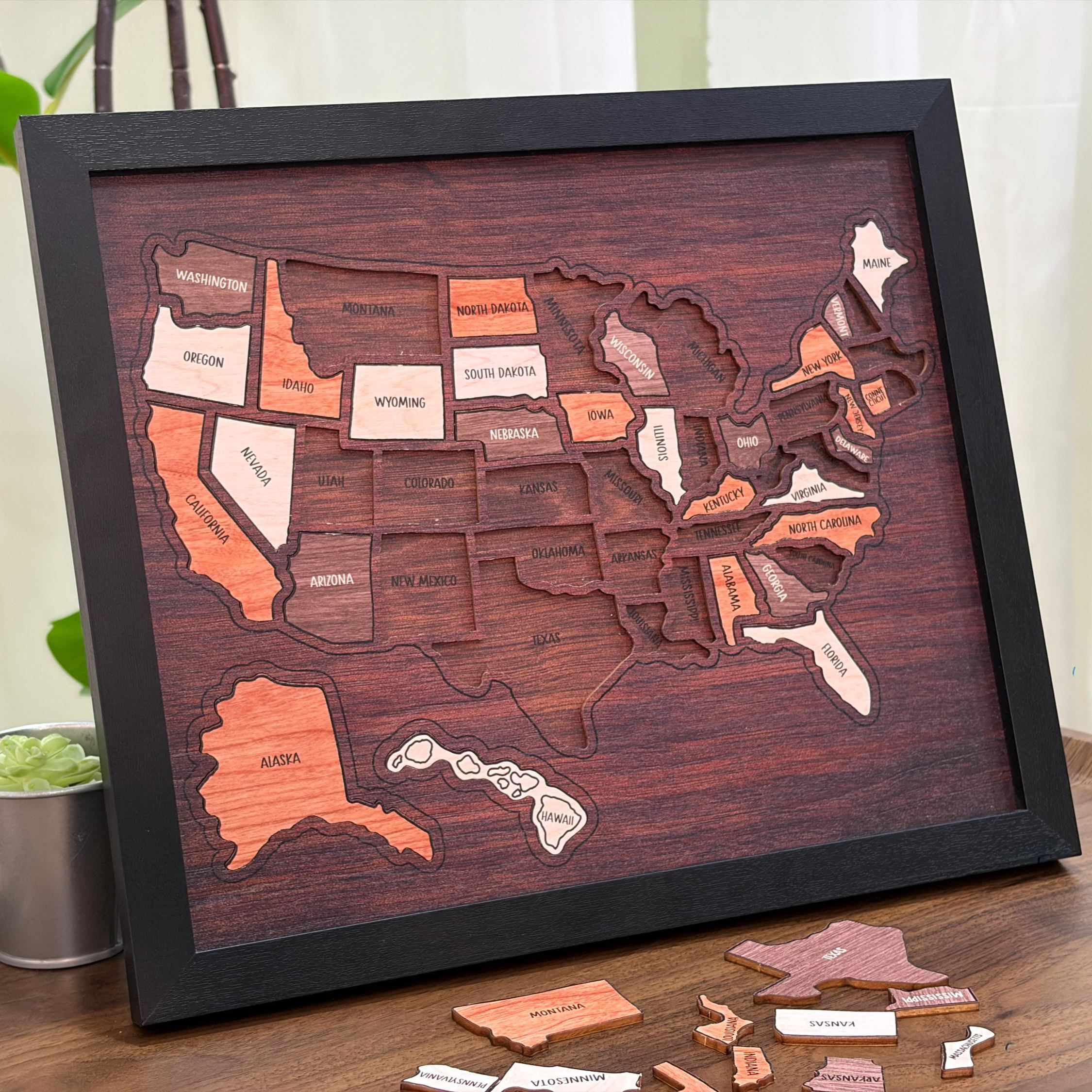 Wooden USA Travel Map Puzzle 50 States United States Puzzle Wall Decor for Home Office Record Your Journey Gift for Adults Families-Pawsmeowz