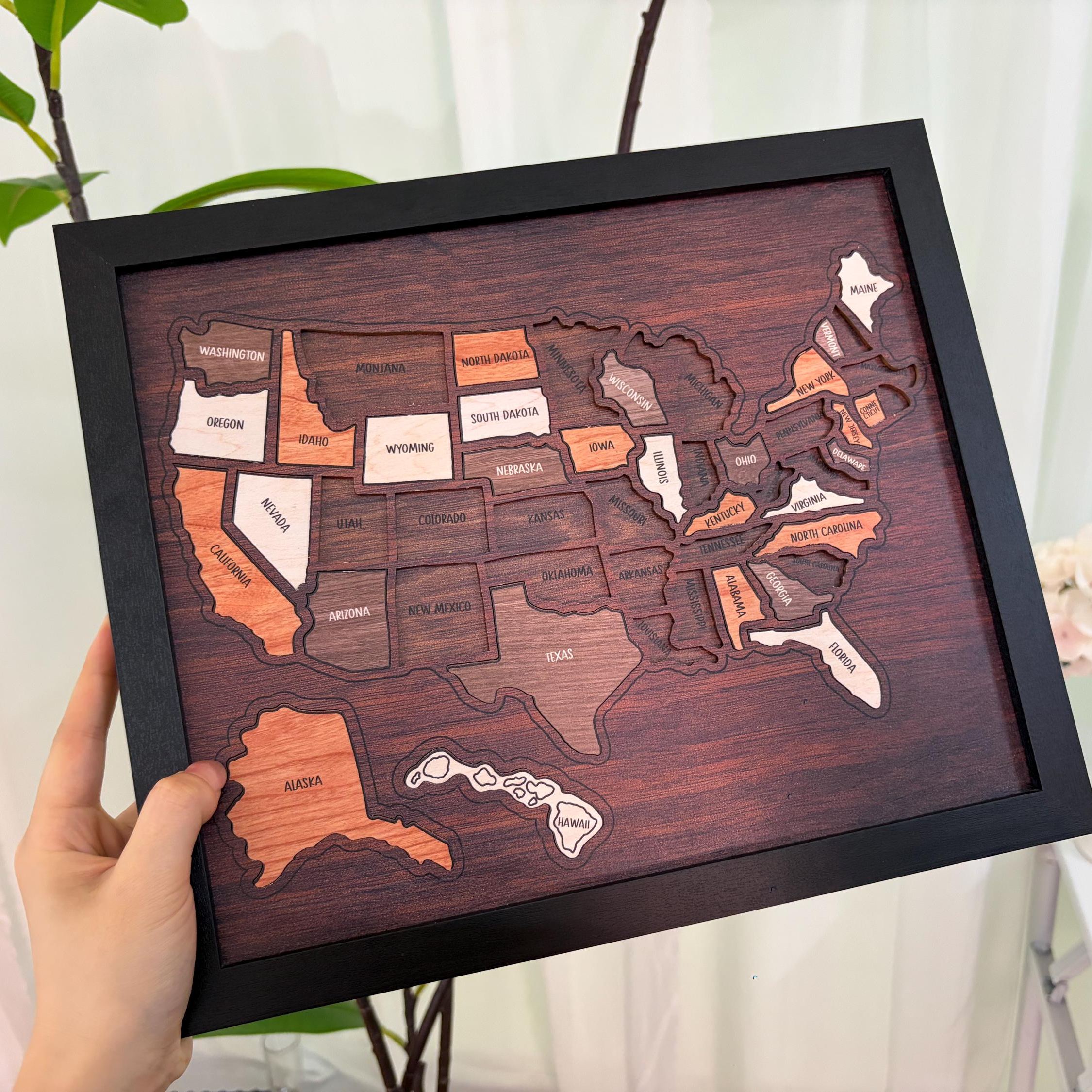 Wooden USA Travel Map Puzzle 50 States United States Puzzle Wall Decor for Home Office Record Your Journey Gift for Adults Families-Pawsmeowz
